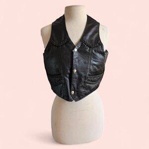 Unik 1990’s Vintage Black Leather Biker V-Neck Vest with Braided Detail
